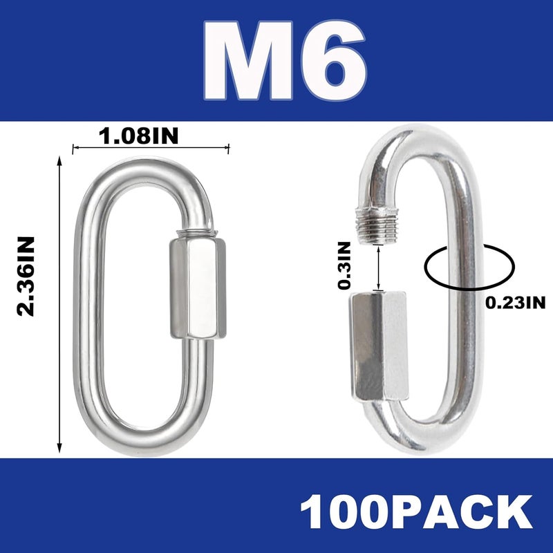 XHMAXE 100PCS 2.36 Inches Quick Links, M6 Screw Chain Links Heavy Duty Chain Links, 1/4" Galvanized Steel Locking Carabiners for Connecting Hammock, Key Chain, Pet Leash,Gym,Camping,875 Lbs Capacity - Image 2